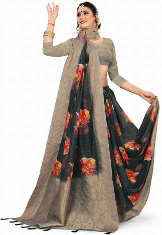 MGC Cotton Dark Grey Color Saree SP137