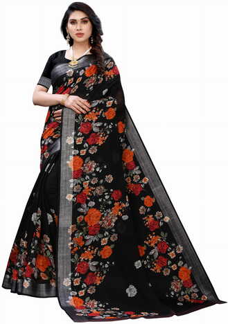 MGC Linen Black Colour saree with blouse piece SP355