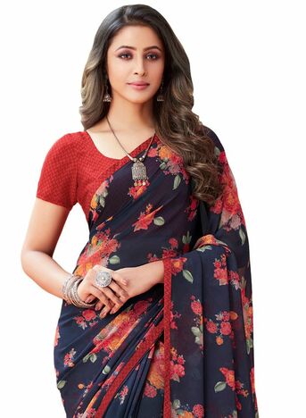 MGC Georgette Navy Blue colour saree with blouse piece SP925