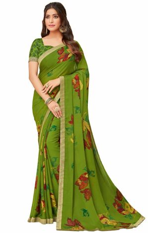 Georgette Green Color Saree With Blouse Piece by MGC