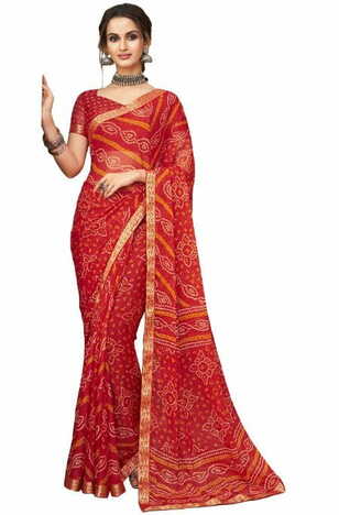 Chiffon Red Color Saree With Blouse Piece by MGC