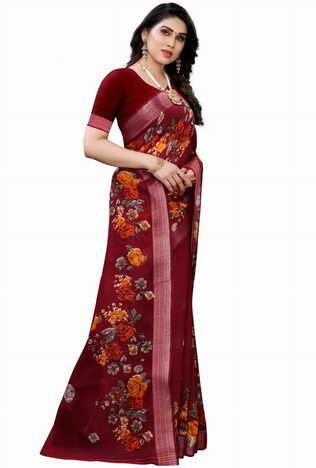 MGC Linen Maroon Colour saree with blouse piece SP354