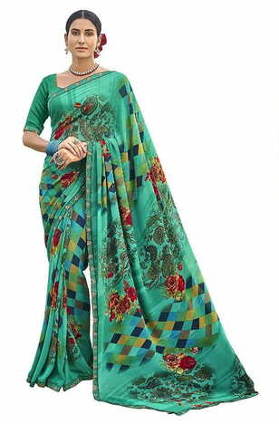 MGC Pure Georgette Turquoise colour saree with blouse piece SP812