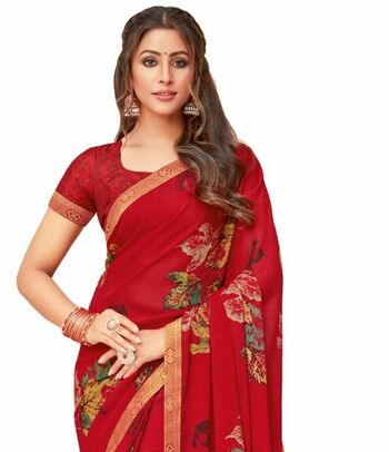 Georgette Red Color Saree With Blouse Piece by MGC