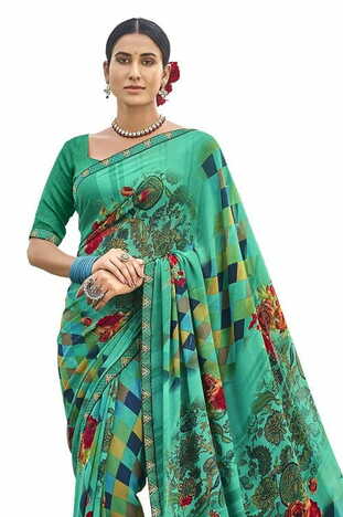 MGC Pure Georgette Turquoise colour saree with blouse piece SP812