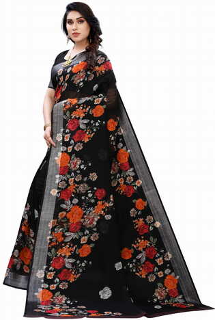 MGC Linen Black Colour saree with blouse piece SP355