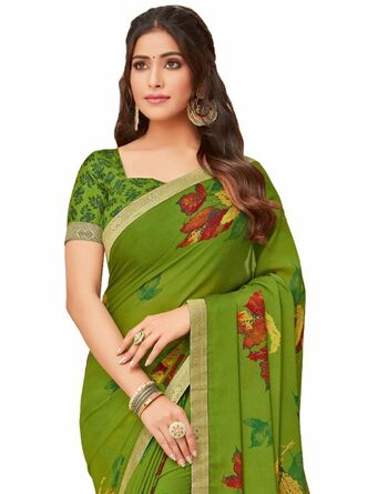 Georgette Green Color Saree With Blouse Piece by MGC