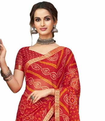 Chiffon Red Color Saree With Blouse Piece by MGC