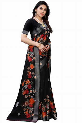 MGC Linen Black Colour saree with blouse piece SP355