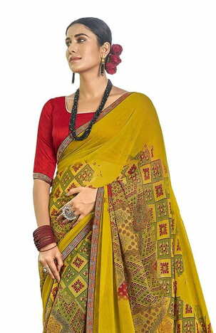 MGC Pure Georgette Yellow colour saree with blouse piece SP813