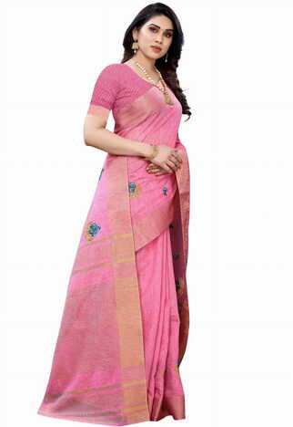 MGC Pure Linen Pink Colour saree with blouse piece SP356