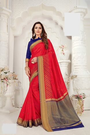 MGC Fancy Silk  With Embroidery Red Colour Saree With Blouse Piece Sp429