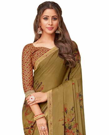 Georgette Beige Color Saree With Blouse Piece by MGC