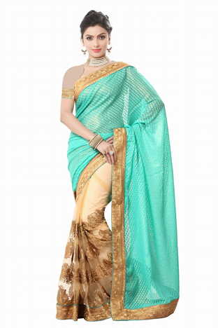 MGC Firozi And Beige Color Gorgatte Saree With Blouse Sp169