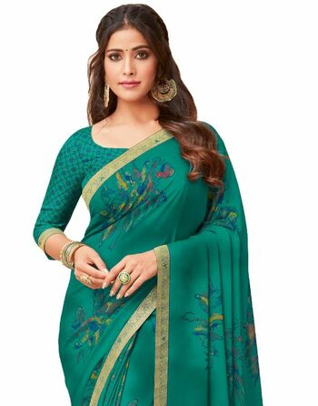 Georgette Green Color Saree With Blouse Piece by MGC