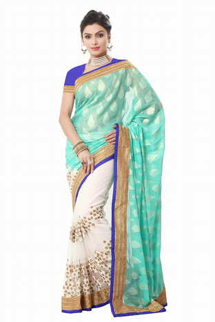 MGC Firozi And Creem Color Gorgatte Saree With Blouse Sp173