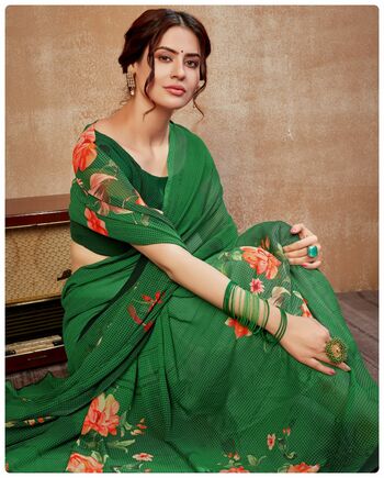 MGC Georgette Green Colour saree with blouse piece SP315