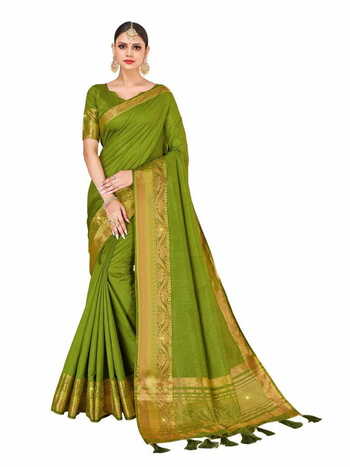 MGC Silk  With Stone Work Mehndi Green Colour Saree With Blouse Piece Sp488