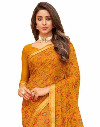 MGC Chiffon Yellow colour saree with blouse piece SP941