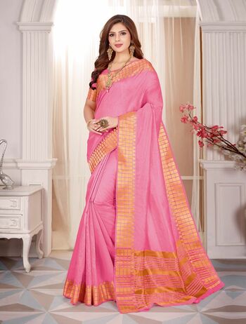 MGC Fancy Cotton Silk With Zari Border Pink Colour Saree With Blouse Piece Sp485