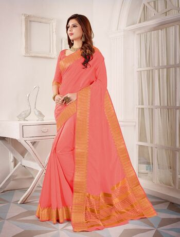 MGC Fancy Cotton Silk With Zari Border Peach Colour Saree With Blouse Piece Sp486