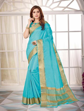 MGC Fancy Cotton Silk With Zari Border Metallic Blue Colour Saree With Blouse Piece Sp487