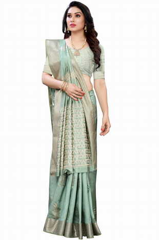 MGC Raw Silk Pista colour saree with blouse piece SP688