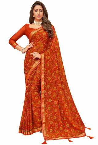 MGC Chiffon Orange colour saree with blouse piece SP943