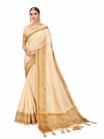 MGC Silk  With Stone Work Cream Colour Saree With Blouse Piece Sp492