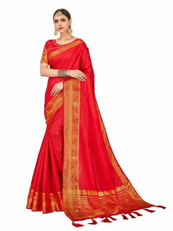 MGC Silk  With Stone Work Red Colour Saree With Blouse Piece Sp493