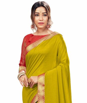 Vichitra Yellow Green Color Saree With Blouse Piece by MGC