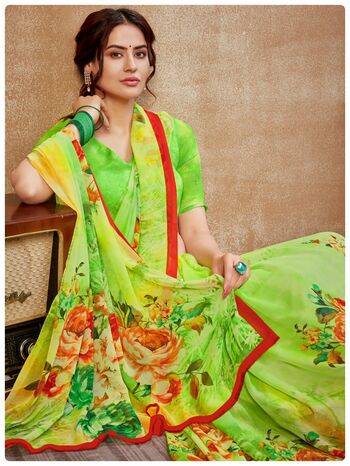 MGC Georgette Green Colour saree with blouse piece SP318