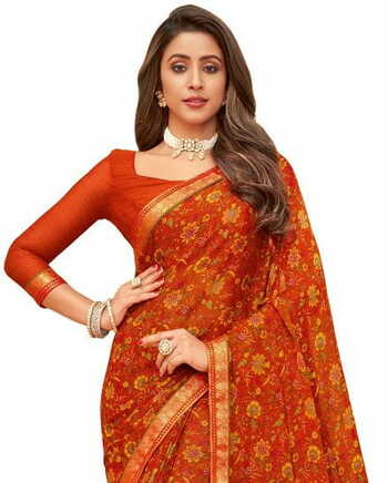 MGC Chiffon Orange colour saree with blouse piece SP943