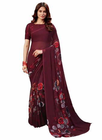 MGC Georgette Wine Colour saree with blouse piece SP321