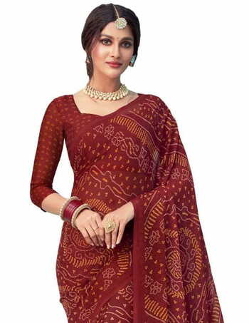 Chiffon Maroon Color Saree With Blouse Piece by MGC