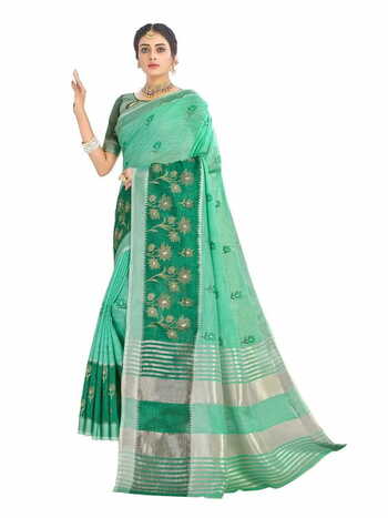 MGC Linen Cotton  With Elegant Evergreen Embroidery  Green Colour Saree With Blouse Piece Sp450