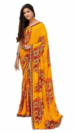 MGC Pure Chiffon  Yellow colour saree with blouse piece SP820