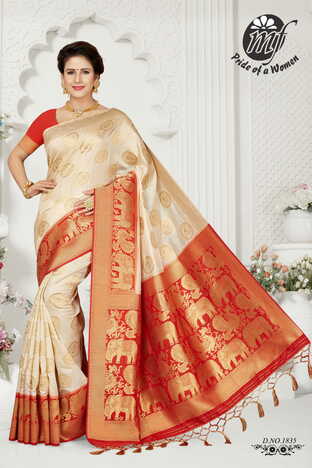 MGC Cream And Red Color Art Silk  Saree With Blouse Sp188