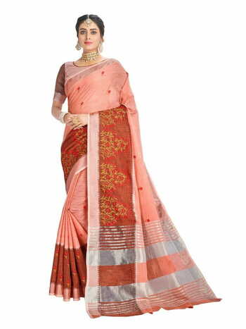 MGC Linen Cotton  With Elegant Evergreen Embroidery  Orange Colour Saree With Blouse Piece Sp451