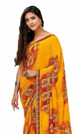 MGC Pure Chiffon  Yellow colour saree with blouse piece SP820