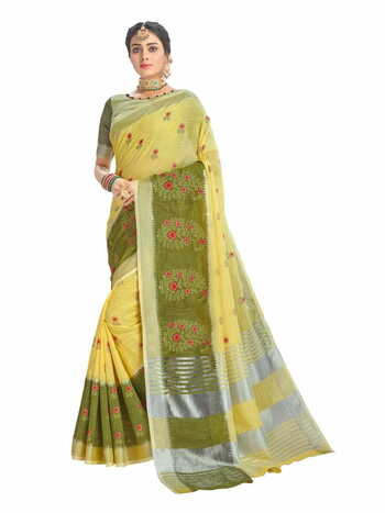 MGC Linen Cotton  With Elegant Evergreen Embroidery  Ivory Colour Saree With Blouse Piece Sp452