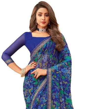 MGC Chiffon Blue colour saree with blouse piece SP932