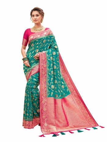 MGC Rolex Zari Silk  Rama Colour Saree With Blouse Piece Sp440