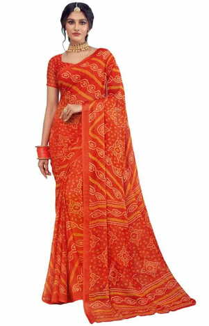 Chiffon Orange Color Saree With Blouse Piece by MGC