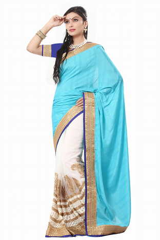 MGC Firozi And Creem Color Gorgatte Saree With Blouse Sp174