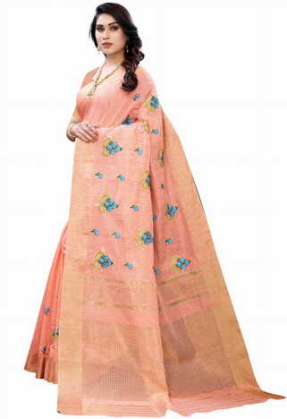 MGC Pure Linen Peach Colour saree with blouse piece SP358