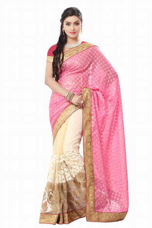 MGC Pink  And  Creem Color Gorgatte Saree With Blouse Sp179