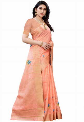 MGC Pure Linen Peach Colour saree with blouse piece SP358