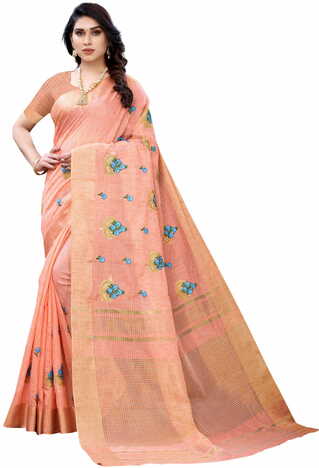 MGC Pure Linen Peach Colour saree with blouse piece SP358