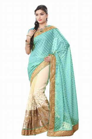 MGC Firozi And Creem Color Gorgatte Saree With Blouse Sp181